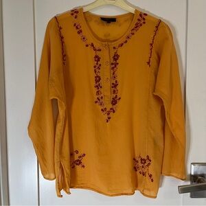 Vintage Beaded Cotton Orange Flowy Women's Blouse. Size Medium